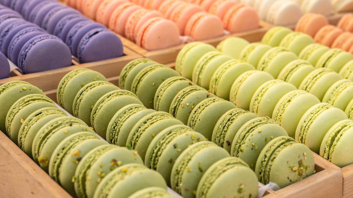 A rainbow box of French macarons